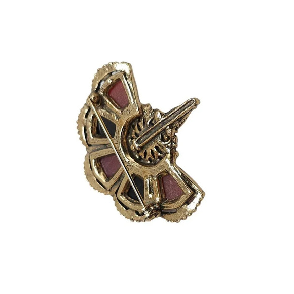 MIRACLE Black Red Gemstone Fan Brooch Pin Gold Tone Vintage Celtic - Picture 3 of 6